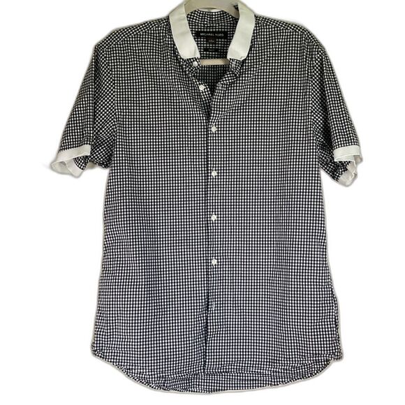 Michael Kors Black Gingham White Trim Button Down Short Sleeve Shirt - Large - Picture 1 of 5